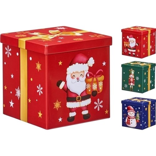 9.5cm square metal storage tin assorted designs