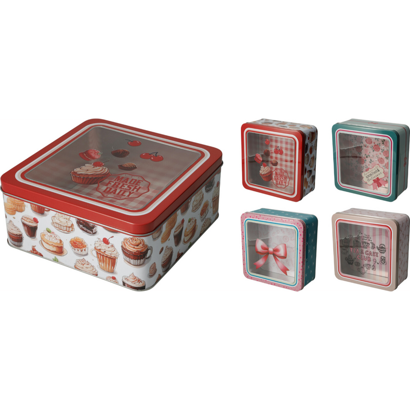 square storage tin measuring 19 x 19 x 8.5cm