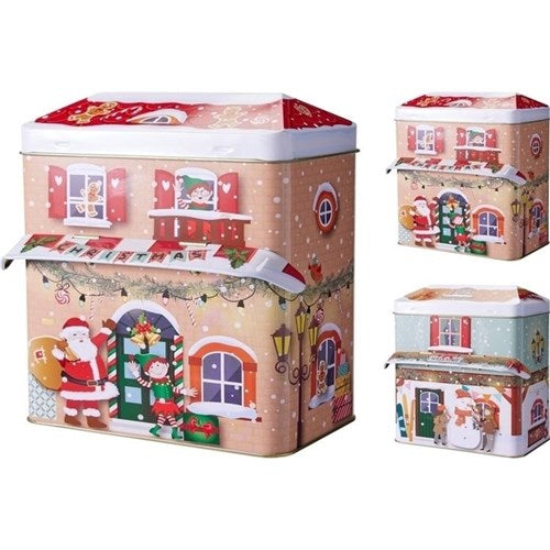 13cm Christmas house storage tin assorted design