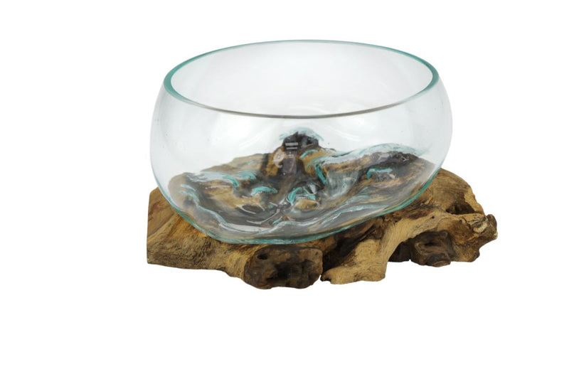 Hand blown glass bowl on driftwood 30x17cm