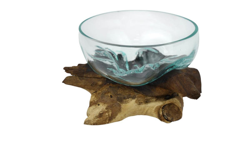 Hand blown glass bowl on driftwood base 24x15cm