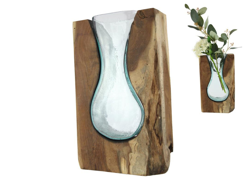 Molten glass vase on driftwood base