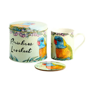 Rainbow lorikeet mug and coaster set in tin