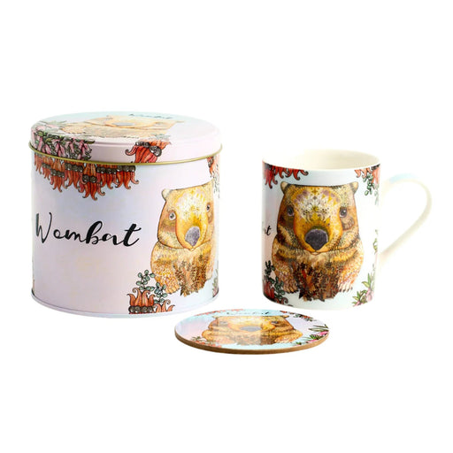 Wombat mug and coaster gift set in tin
