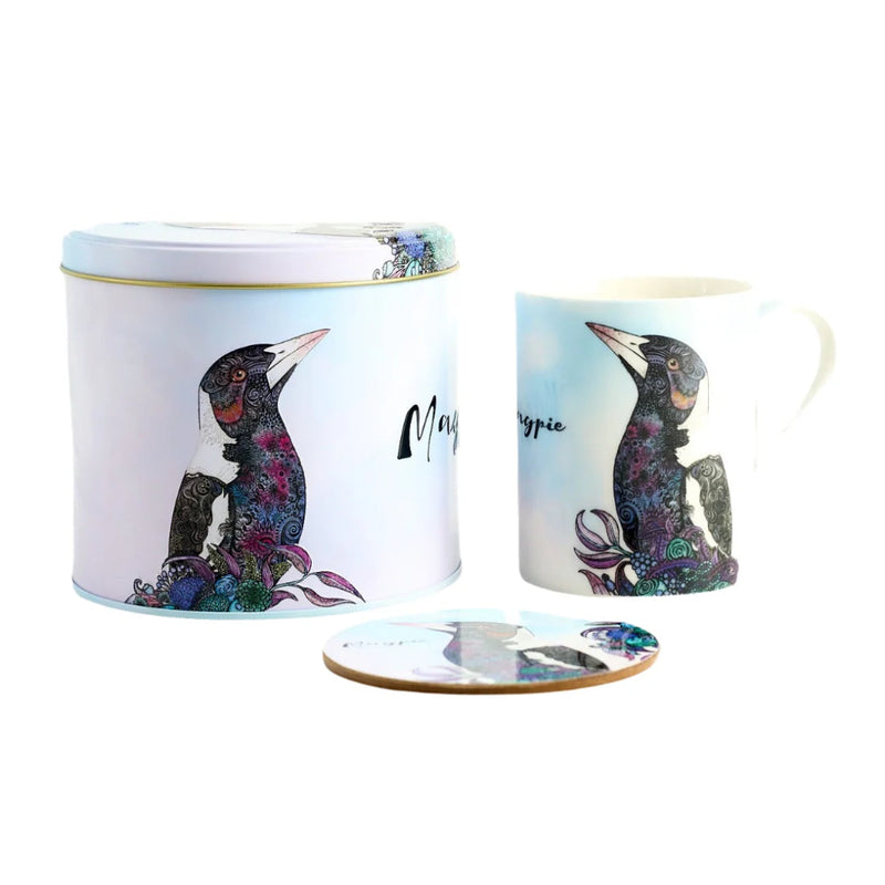 Magpie mug and coaster set in collectable tin