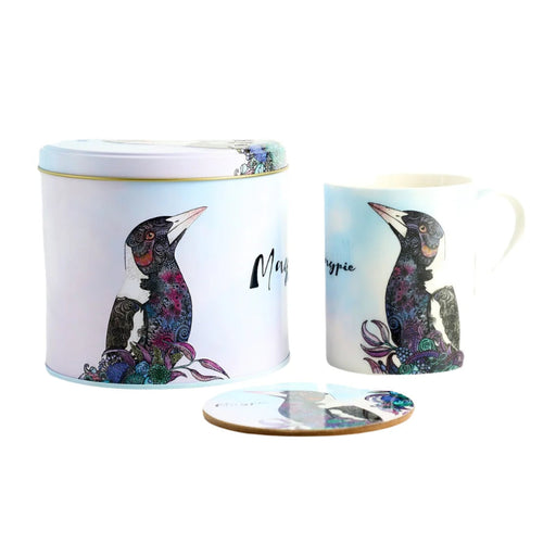 Magpie mug and coaster set in collectable tin