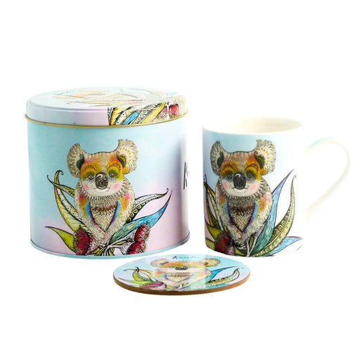Koala mug and coaster set in collectable tin