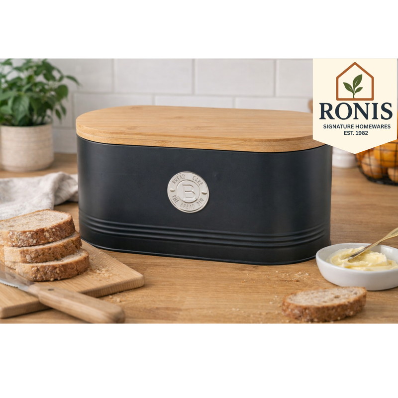 Black metal bread bin with embossed lines and wooden lid