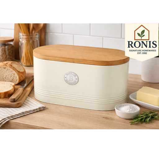 Cream metal bread box with embossed lines and bamboo lid