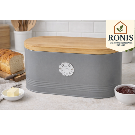 Green metal bread bin with ribbed design and wood lid