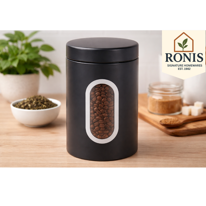 Black kitchen canister with viewing window for tea coffee sugar