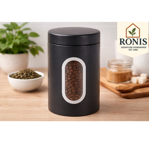 Black kitchen canister with viewing window for tea coffee sugar