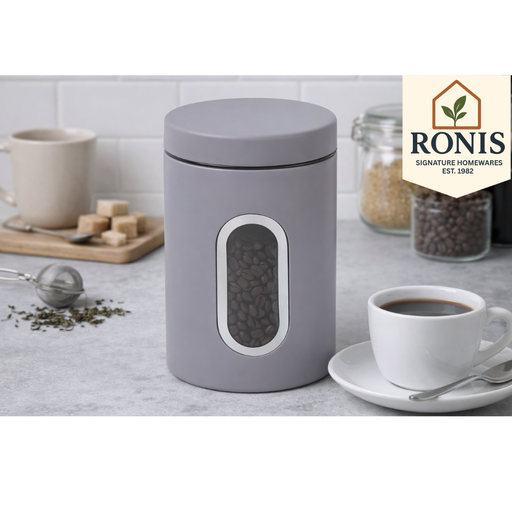 Grey kitchen canister with viewing window for tea coffee sugar