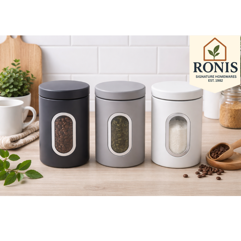 Tea Coffee Sugar Caninster Window White 11x17cm