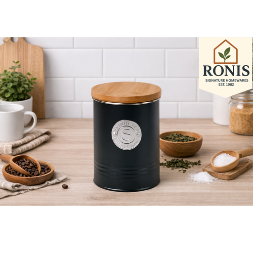 Single black kitchen canister with embossed lines and bamboo lid