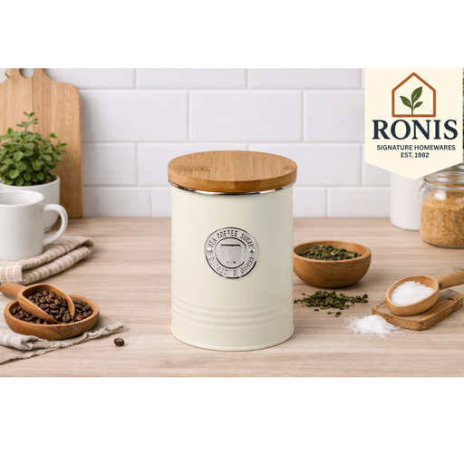 Single cream kitchen canister with embossed lines and bamboo lid