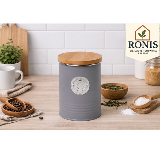 Single grey kitchen canister with embossed lines and bamboo lid