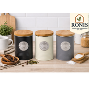 Tea Coffee Sugar Canister Embossed Line Bamboo Lid Grey11X15Cm – thumbnail