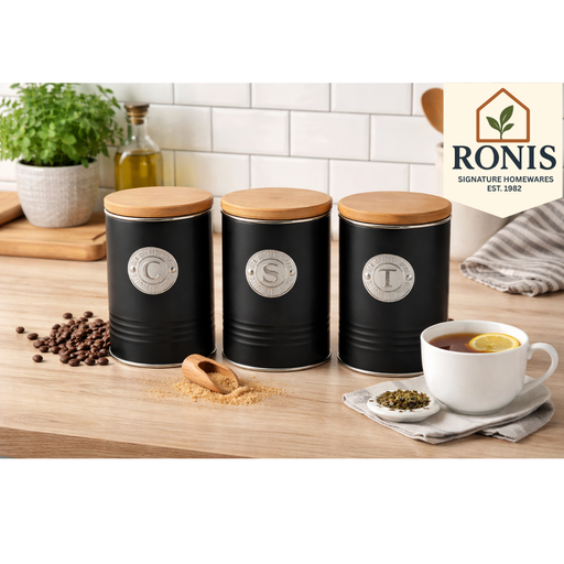 Set of 3 black embossed kitchen canisters for tea coffee sugar