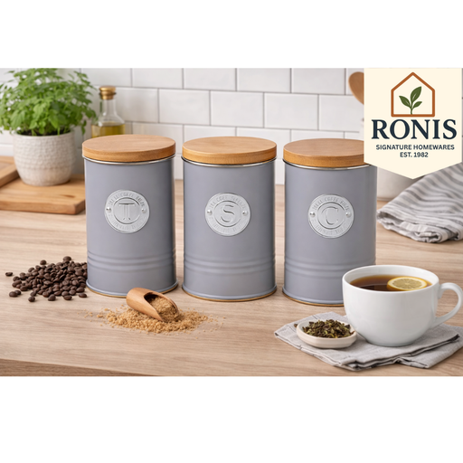 Set of 3 grey embossed kitchen canisters for tea coffee sugar