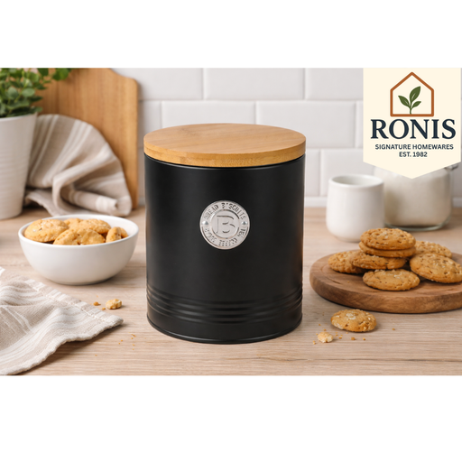 Black biscuit canister with embossed lines and bamboo lid