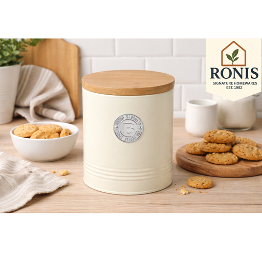 Cream biscuit canister with embossed lines and bamboo lid