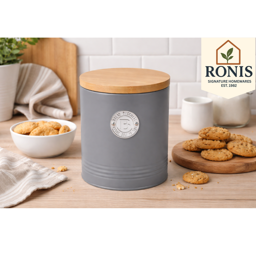 Grey biscuit canister with embossed lines and bamboo lid