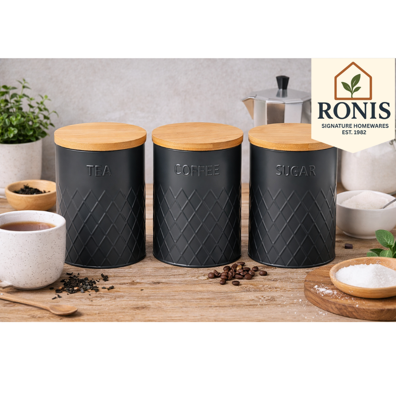 Black round diamond texture kitchen canisters with wood lids