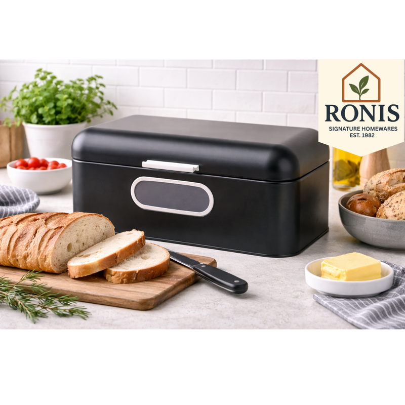 Black metal bread bin with front viewing window