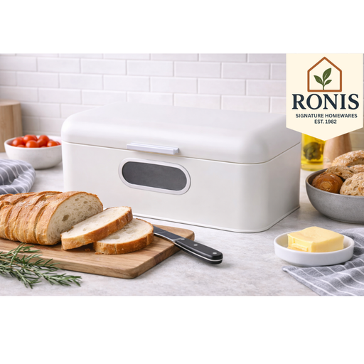 White metal bread bin with front viewing window
