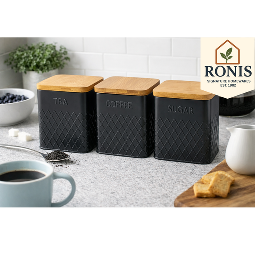 Black square diamond texture storage tins with bamboo lids for tea coffee sugar