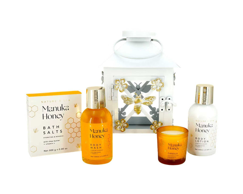 Manuka honey bath and body gift set in display packaging