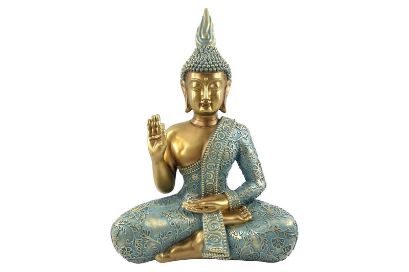 Large sitting Buddha statue aqua and gold
