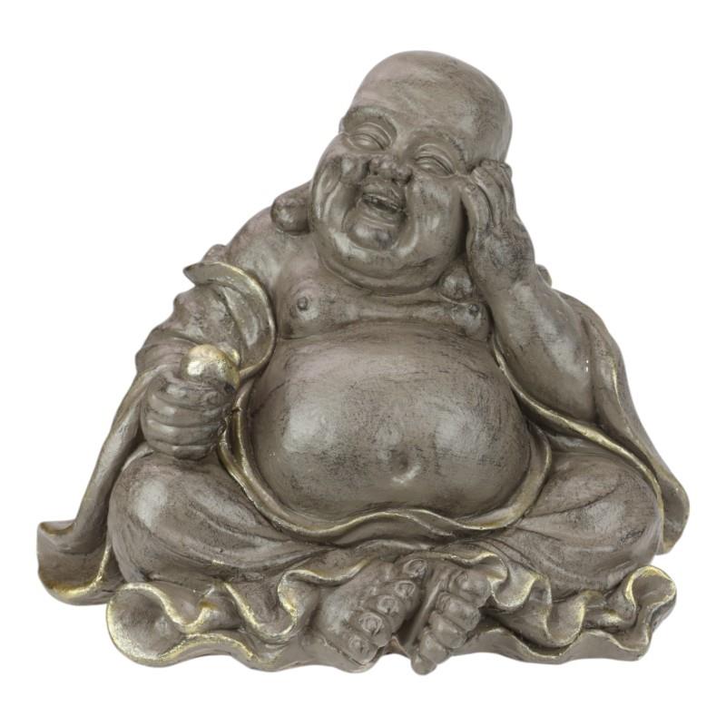 Happy Buddha garden statue with gold accents