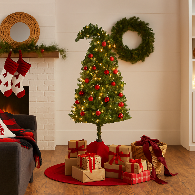 4ft Bad Santa Christmas tree with dark foliage and warm white lights, perfect for edgy or villain-themed festive setups