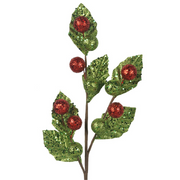 Christmas decorative stem with red baubles and green glittered leaves, 50cm long