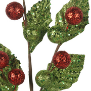 Christmas decorative stem with red baubles and green glittered leaves, 50cm long