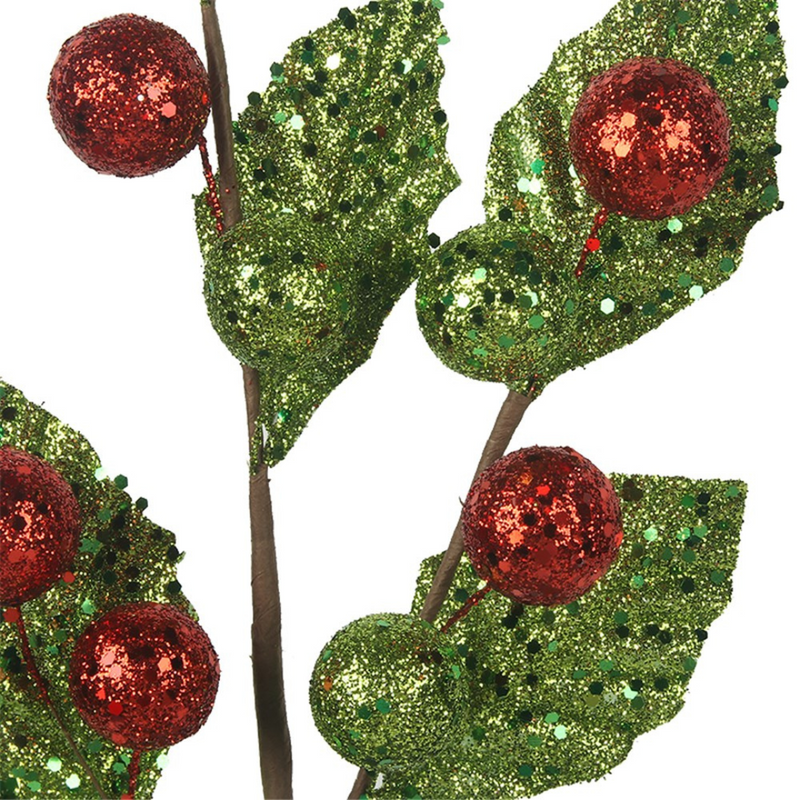 Christmas decorative stem with red baubles and green glittered leaves, 50cm long