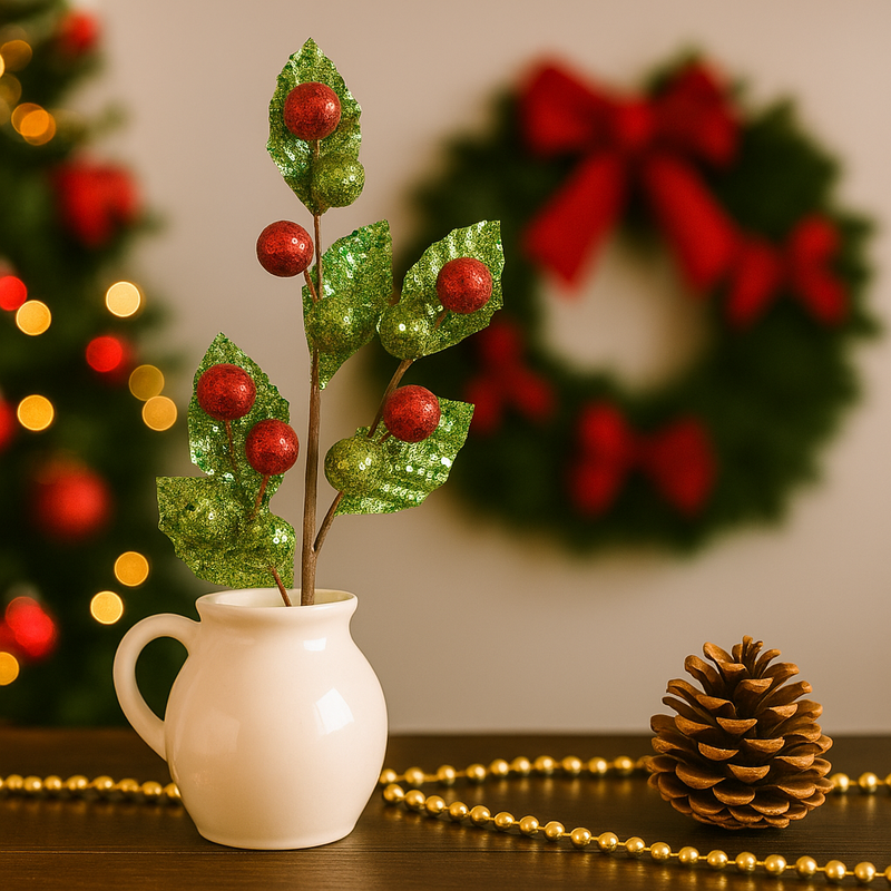 Christmas decorative stem with red baubles and green glittered leaves, 50cm long