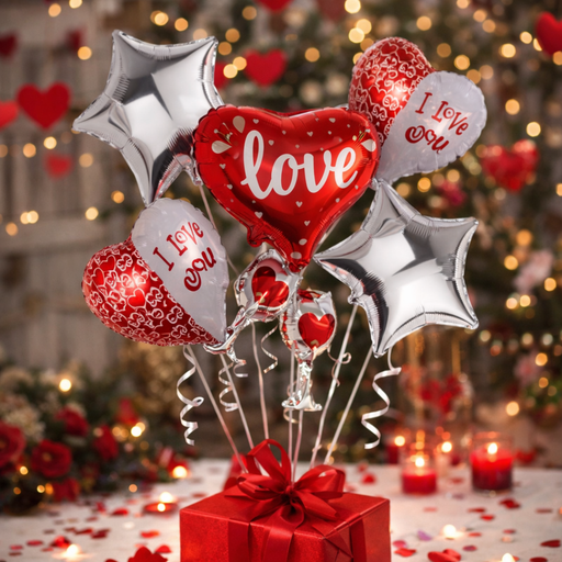 Valentine’s Day heart balloon bouquet arranged for romantic party decoration