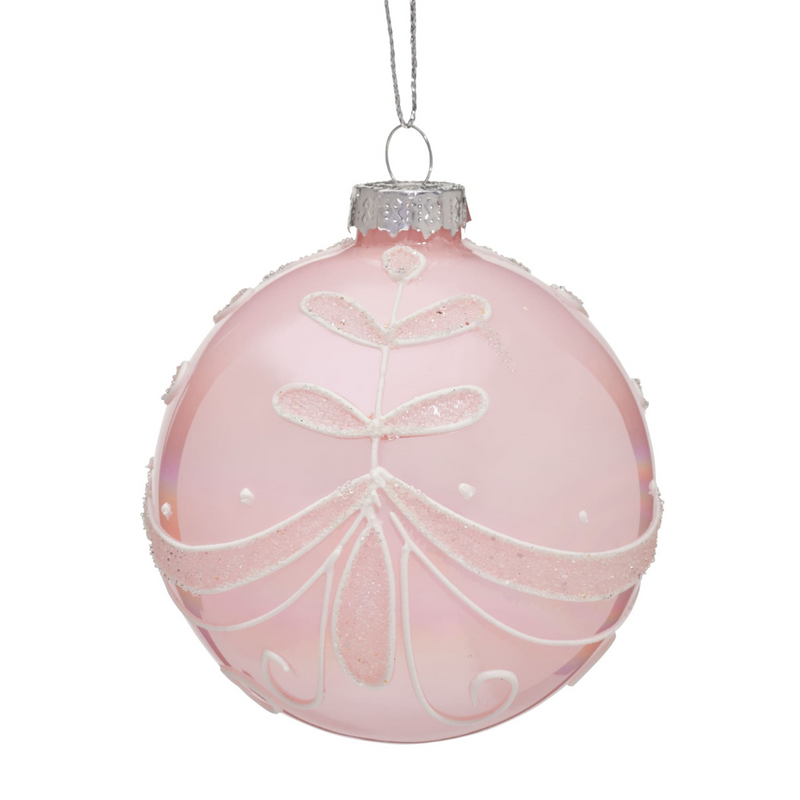 Ronis Bauble Bright Pink with Glitter Floral Pattern 8cm