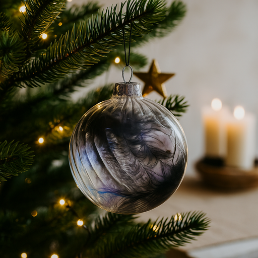 8cm clear glass Christmas bauble with soft white feathers inside
