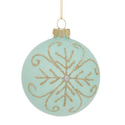 Aqua glass bauble 8cm with silver glitter snowflake design, elegant Christmas tree ornament.