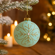 Aqua glass bauble 8cm with silver glitter snowflake design, elegant Christmas tree ornament.