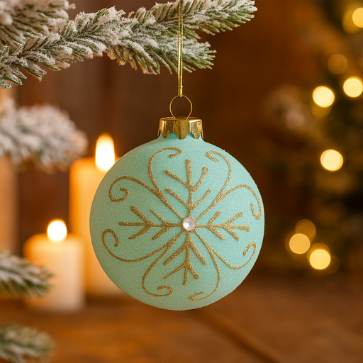 Aqua glass bauble 8cm with silver glitter snowflake design, elegant Christmas tree ornament.