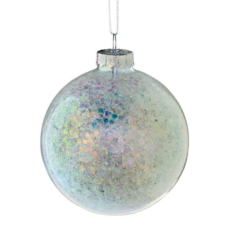 8cm clear glass Christmas bauble filled with pale pastel sequins