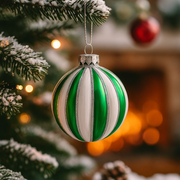 8cm green and white striped glass Christmas bauble ornament