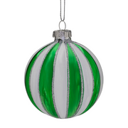8cm green and white striped glass Christmas bauble ornament