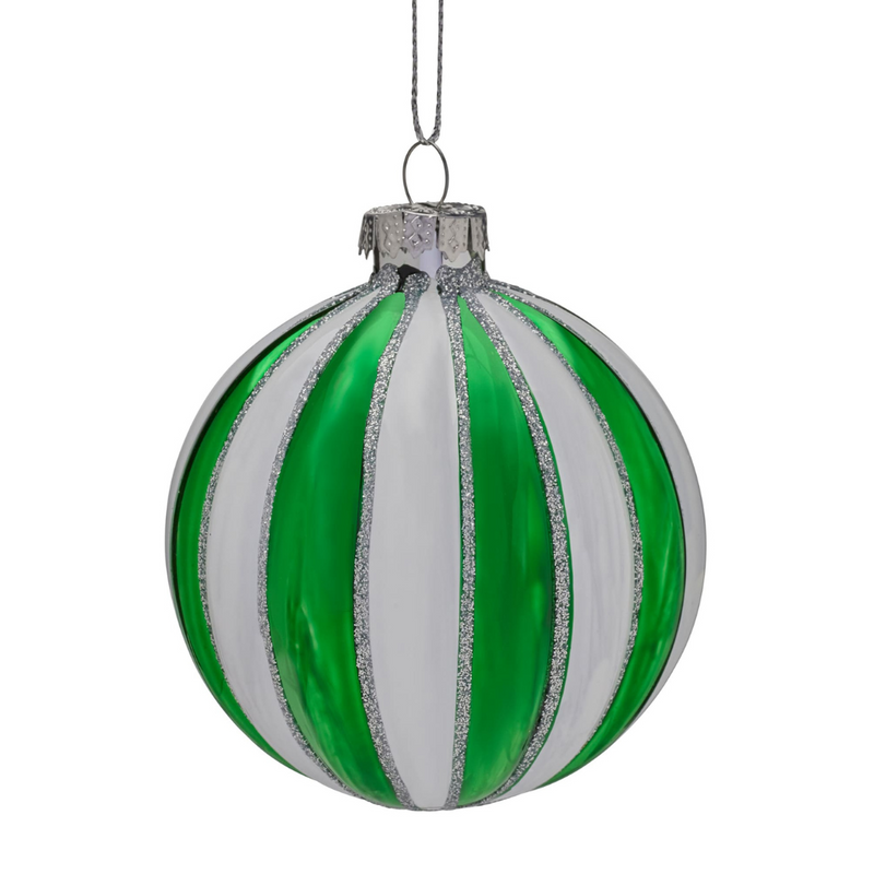 8cm green and white striped glass Christmas bauble ornament