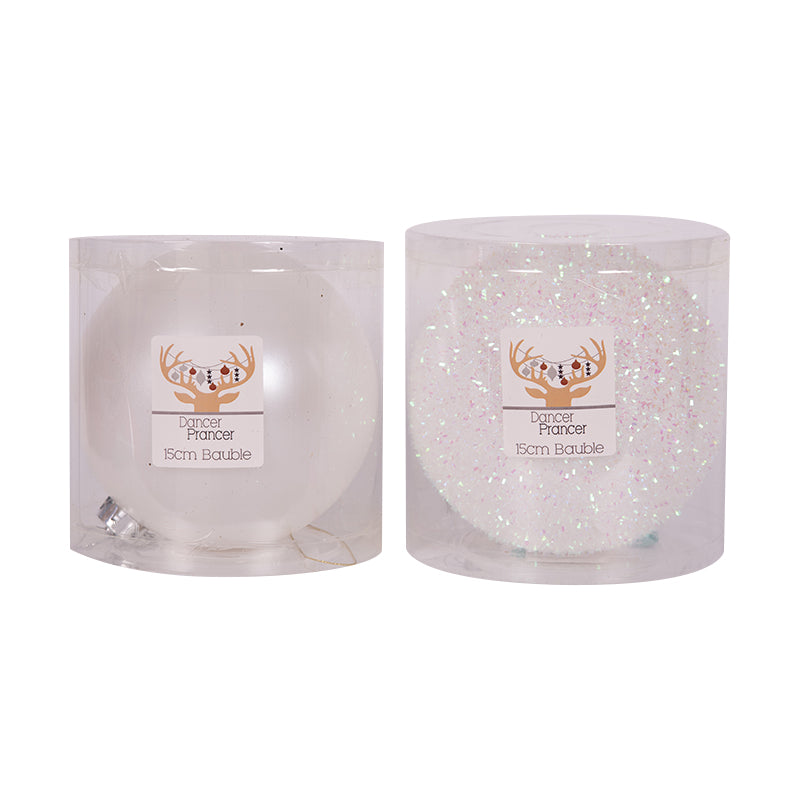 15cm white Christmas bauble with pearl and tinsel finishes assorted